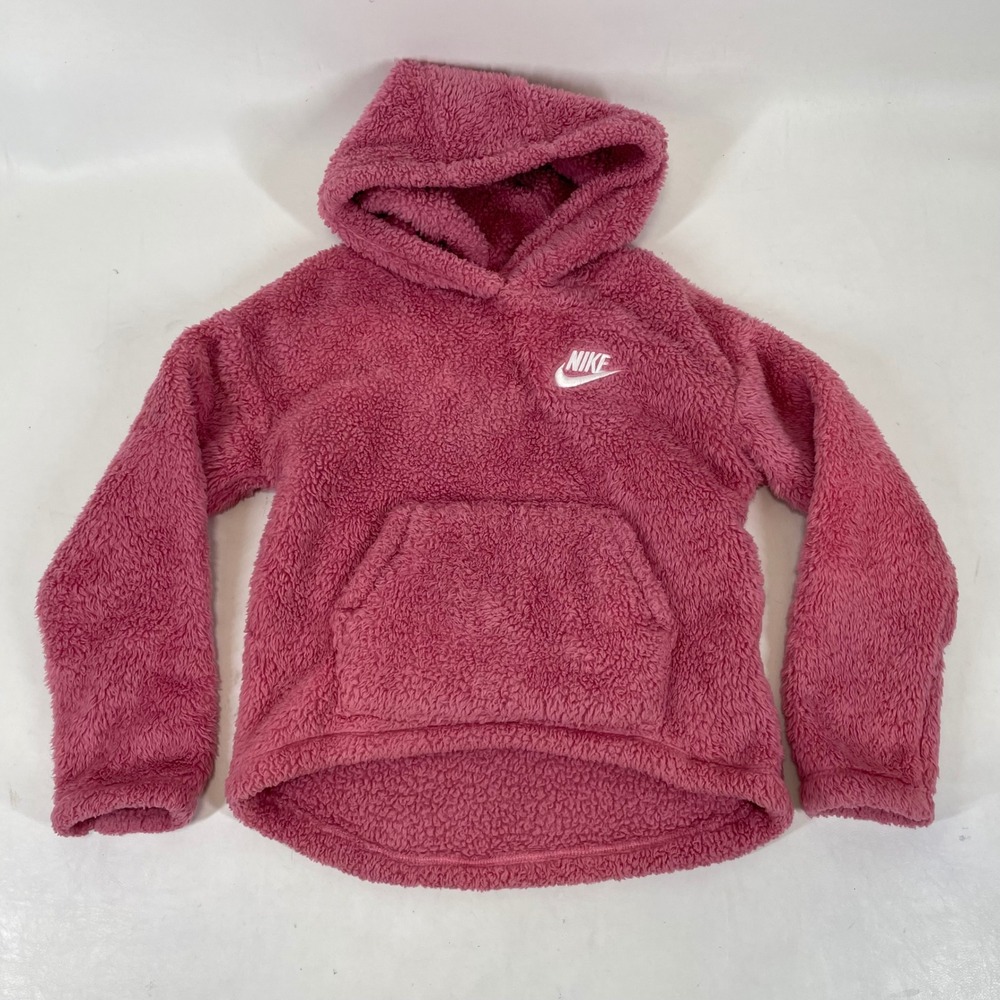 Nike Girls Pink Sherpa Fleece Hoodie Pullover Kangaroo Pocket Logo Pink XL